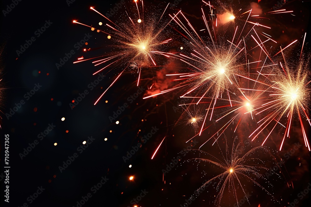 Fototapeta premium Fireworks. Colorful celebration fireworks isolated on a black sky background. From below, shot of wonderful and vivid fireworks exploding. Burst. Firework. Overlay. 