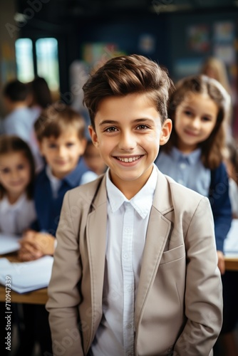 A young boy in a suit stands out from his classmates