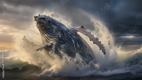 A majestic humpback whale breaching the ocean's surface, surrounded by misty ocean spray -Generative Ai © Online Jack Oliver