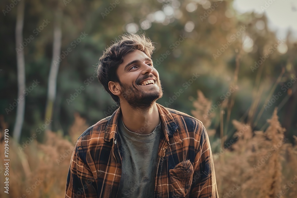Happy man standing on road in front of trees Happy man standing on road in front of trees