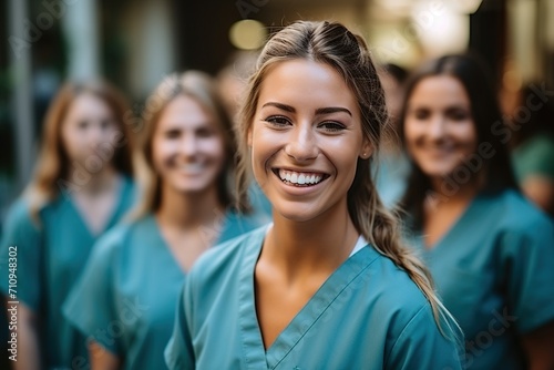 Happy multiethnic group of female nurses in blue scrubs photo