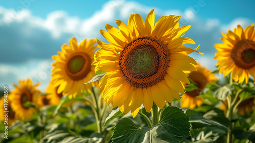 sunflower in a field of sunflowers under a blue sky