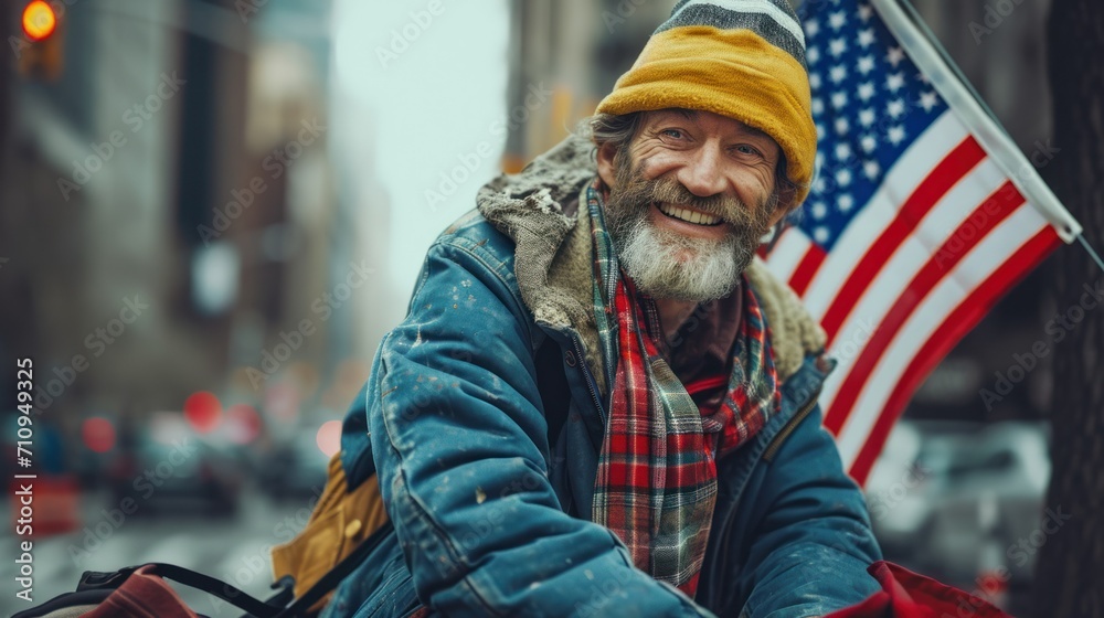 American homeless man of European appearance against the background of the American flag. conceptual elections, crisis, poverty, voting, future