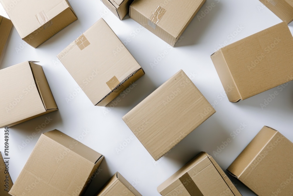 boxes in a pile on a white floor, in the style of minimalist,beige tones boxes in a pile on a white floor, in the style of minimalist,beige tones
