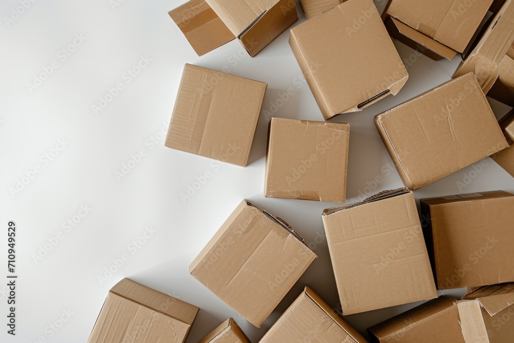 boxes in a pile on a white floor, in the style of minimalist,beige tones boxes in a pile on a white floor, in the style of minimalist,beige tones