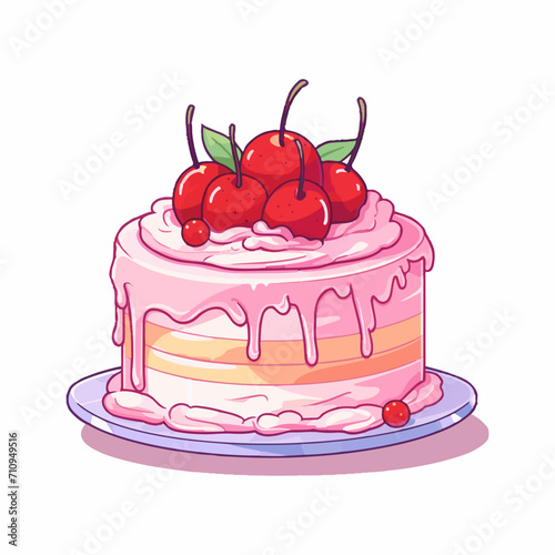 cake sprinkled with jam and cherries on a plate, isolated on white