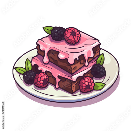 Decadent Chocolate Brownie Delight, with berries topping, isolated on white