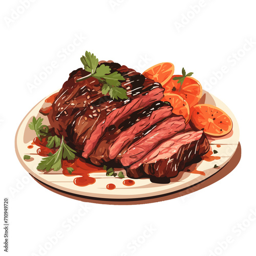 succulent grilled steak with fresh herbs and citrus slices on a plate, vibrant color, isolated on white