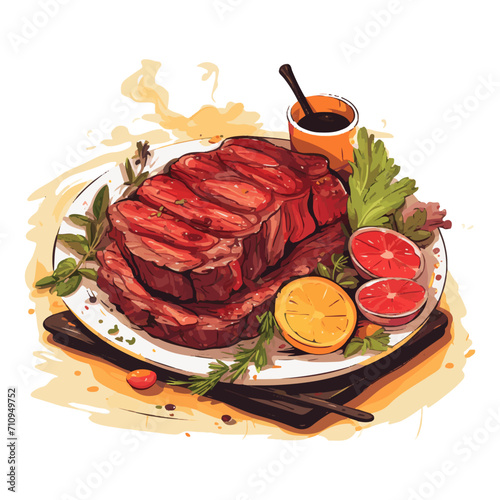 succulent grilled steak with fresh herbs and citrus slices on a plate, vibrant color, isolated on white