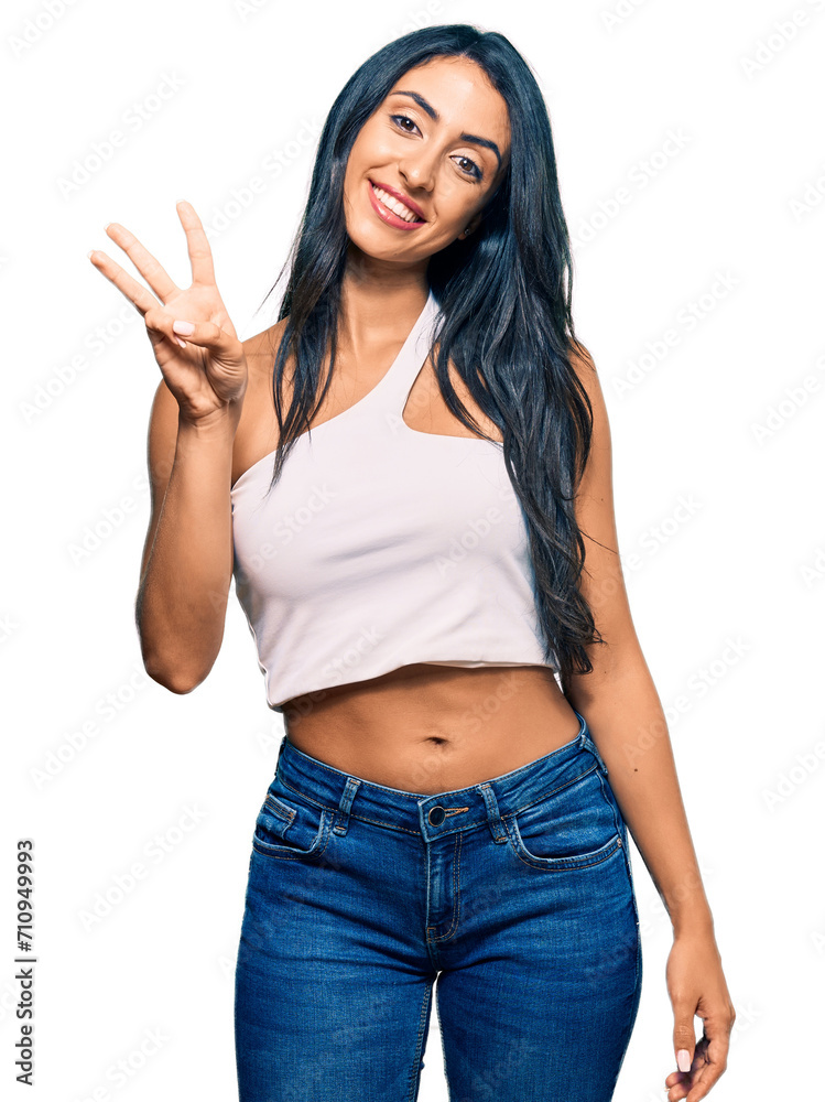 Beautiful hispanic woman wearing casual clothes showing and pointing up with fingers number three while smiling confident and happy. Beautiful hispanic woman wearing casual clothes showing and pointing up with fingers number three while smiling confident and happy.
