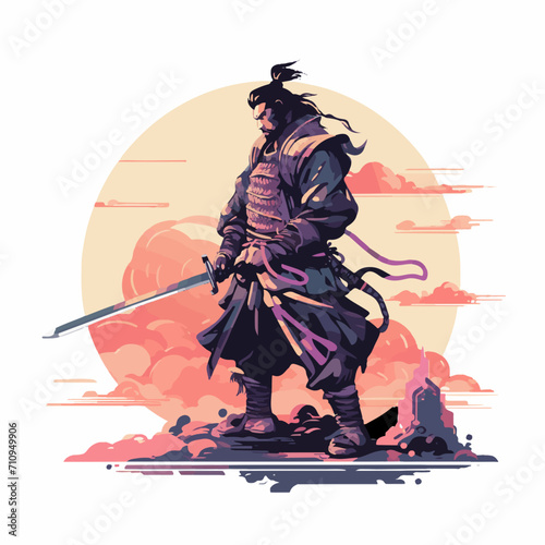 illustration of samurai at sunset, isolated on white