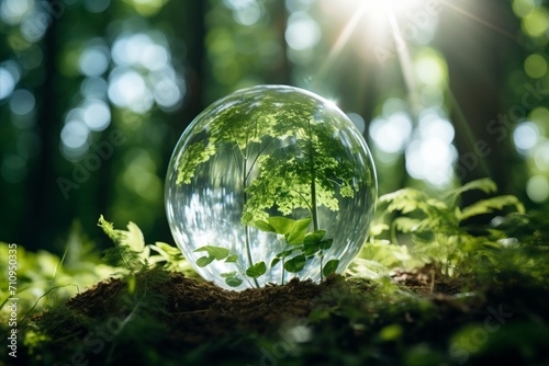 CO2 Reduction. Globe Glass with Green Forest Icons - Sustainable Carbon Neutral Approach