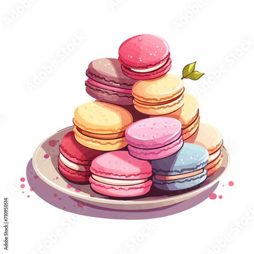 a stack of assorted colorful macarons with vibrant color on a plate, isolated on white