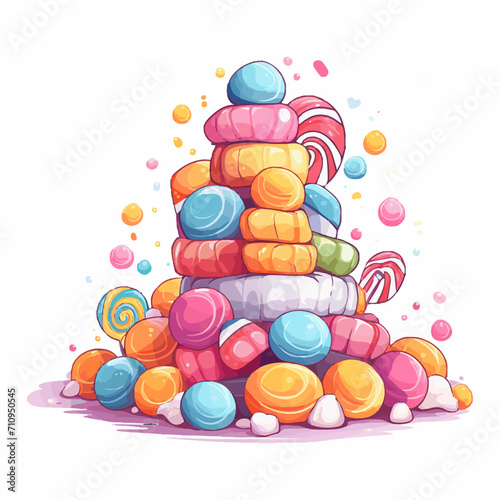 illustration of pile of candies in vibrant colors, isolated on white