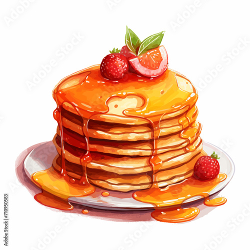 illustration of pancakes sprinkled with honey and strawberries, isolated on white
