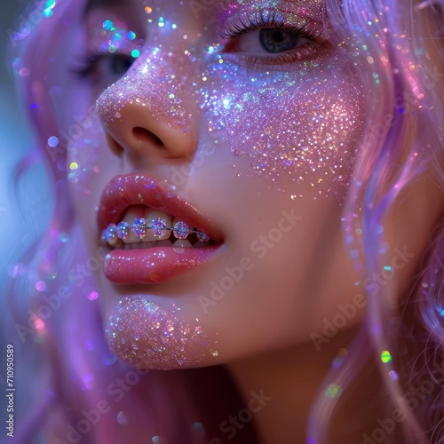 Pink glitter on a girl's mouth with gem braces. 