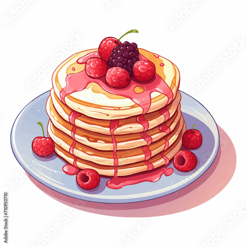 illustration of pancakes sprinkled with honey and berries, isolated on white