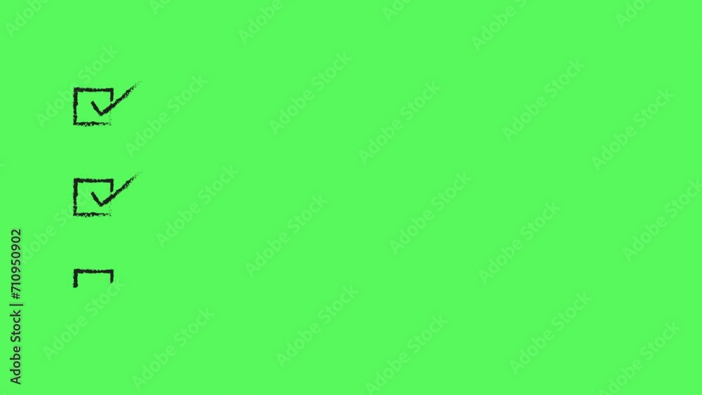 2d animated black check mark tick sign in square checkbox on green  background with blank space for design. Animated square black checklists with empty space for text. Used in explainer videos.