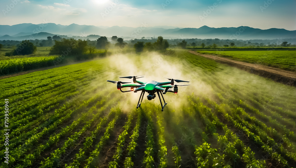 drone flies and sprays green plants in the beds innovation
