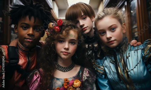 Four kids in ornate costumes posing with confident looks