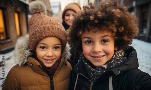 Smiling Children in Winter Gear Enjoying a Snowy Day Together © jorge