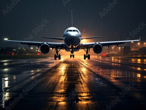 an airplane on a runway with a city in the background lands in poor dark conditions in the evening or at night. concept: airplanes, vacation, travel, airport