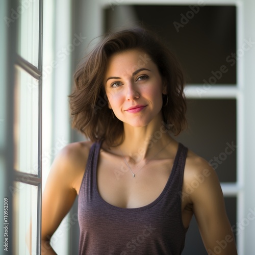 Brunette woman in gray tank top standing by window photo