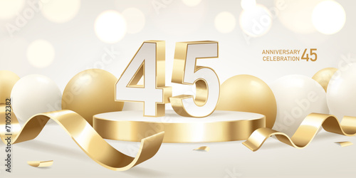 45th Anniversary celebration background. Golden 3D numbers on round podium with golden ribbons and balloons with bokeh lights in background.