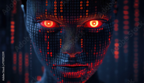 Genderless person face,  red glowing abstract digital background. Evil artificial intelligence threat or risk of self aware malignant computer code. Generative AI photo
