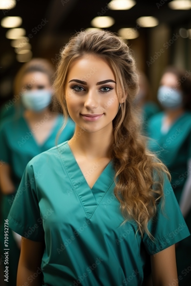 Confident young female doctor or nurse with colleagues in hospital Confident young female doctor or nurse with colleagues in hospital