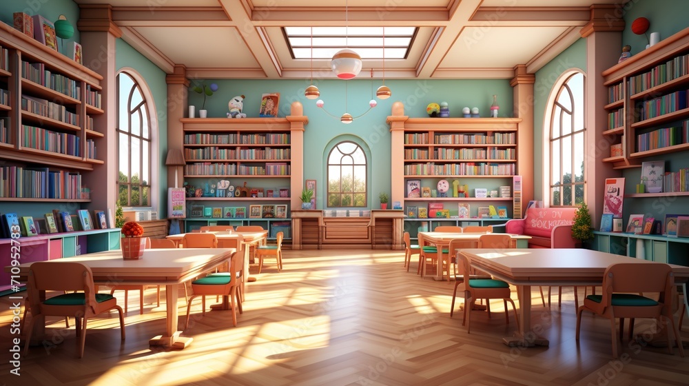 Cozy library interior with round tables and chairs