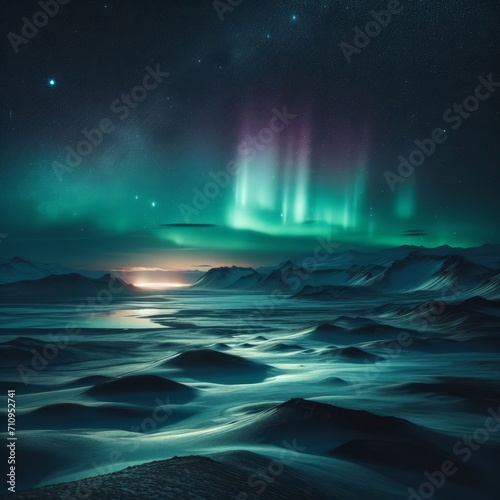 Aurora borealis over snowy mountain landscape at night © Diego