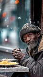 photo of african american black homeless poor middle aged man eating homeless food. concept: homeless, poverty, elections, crisis, life, survival,   economic 