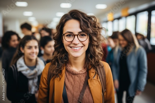 portrait of a smiling female college student with curly hair wearing glasses photo
