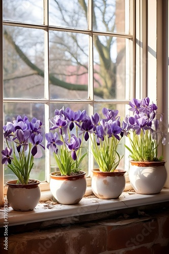 irises in pots stand on the window, spring flowers
