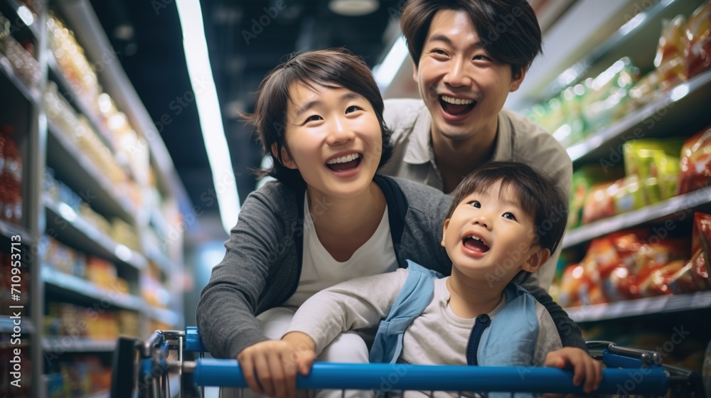 Fototapeta premium Happy family shopping together in supermarket