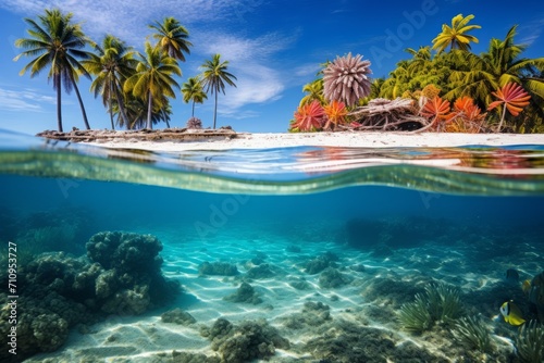 A coral beach with transparent waters and a spectrum of vivid corals