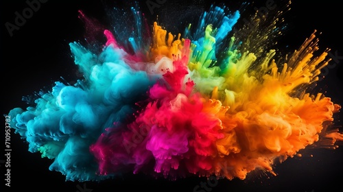 A colorful mix of rainbow powder explosion that is isolated on a white background