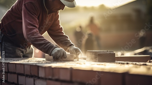 A construction worker is using a trowel and putty knife outdoors to install red brick. photo