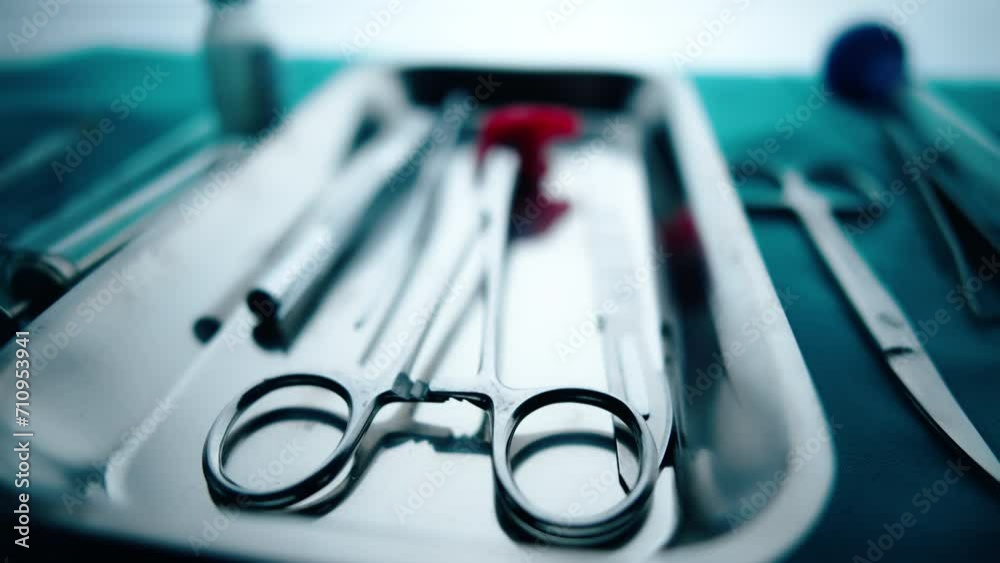 Medical instruments in steel tray on table for surgery. Preparing of surgical tools for a operation. Scalpels and forceps and tweezers. Surgery or emergency case and ambulance or treatment concept. Medical instruments in steel tray on table for surgery. Preparing of surgical tools for a operation. Scalpels and forceps and tweezers. Surgery or emergency case and ambulance or treatment concept.