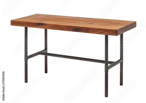A simple modern desk with metal legs and a wooden top, isolated against a transparent background. Isolated furniture for interior design.