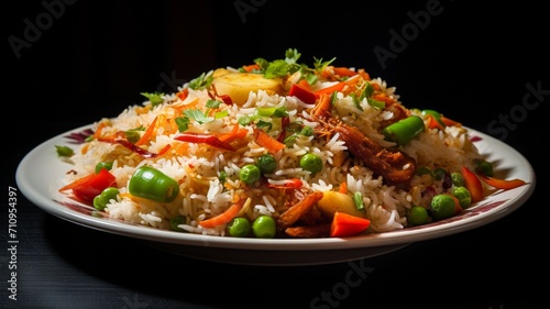 A mesmerizing close-up of a plate filled with colorful and aromatic vegetable pulao, showcasing the perfectly cooked rice and vibrant mix of vegetables -Generative Ai