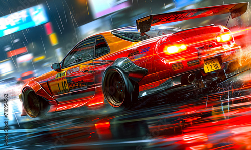 Amidst the cityscape, a high-performance car races past, surrounded by neon lights and motion-blurred scenery.