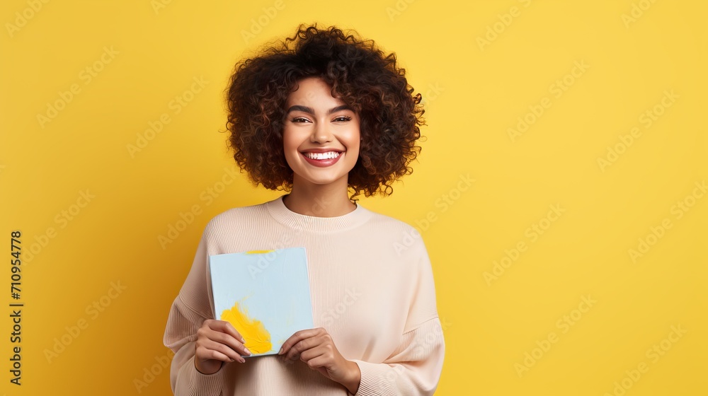 A portrait of a happy female artist standing with a palette and paintbrush in her hands, facing yellow. A portrait of a happy female artist standing with a palette and paintbrush in her hands, facing yellow.