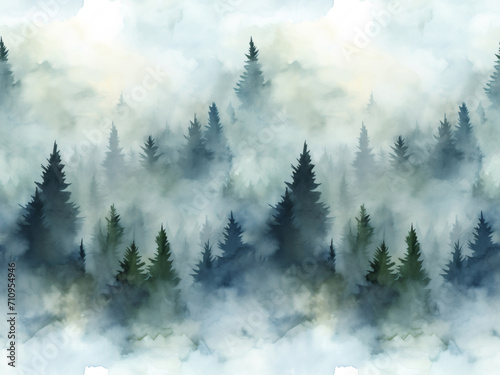 Seamless pattern with misty mountains and pine trees in green colors. Hand drawn watercolor landscape seamless pattern. For print, graphic design, fabric, wallpaper, wrapping paper