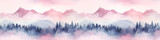 Seamless pattern with mountains and pine trees in blue and pink colors. Hand drawn watercolor mountain landscape seamless border. For print, graphic design, postcard, wallpaper, wrapping paper