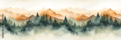 Seamless pattern with misty mountains and pine trees in earthy green and brown colors. Hand drawn watercolor landscape seamless border. For print, graphic design, fabric, wallpaper, wrapping paper