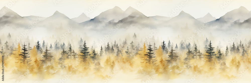 Seamless border with hand painted watercolor mountains and pine trees. Seamless pattern with panoramic landscape in yellow and black colors. For print, graphic design, wallpaper, paper