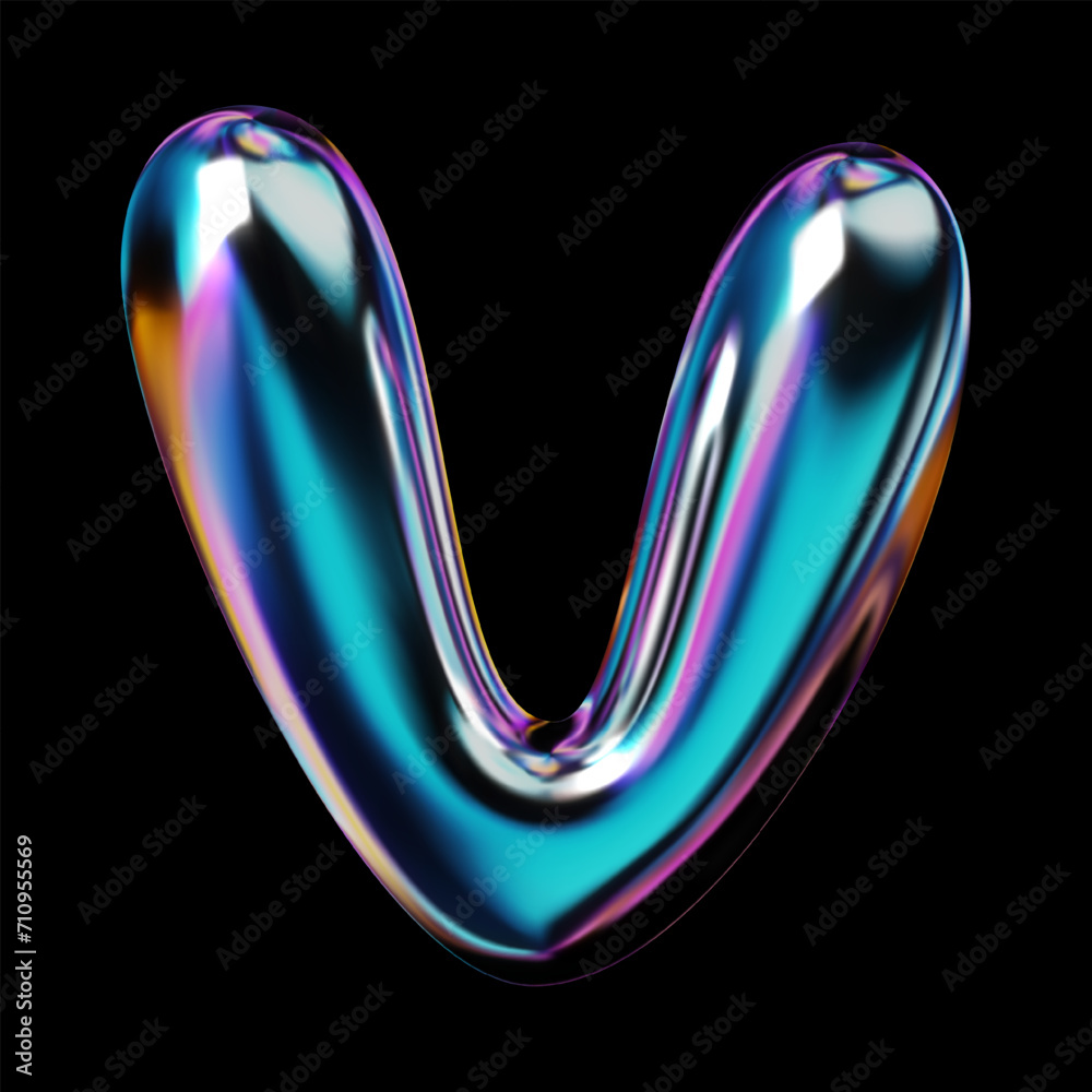 Glossy 3D letter V with holographic finish. Y2K balloon bubble font in iridescent liquid metal. Isolated vector render for contemporary retro-futuristic design Glossy 3D letter V with holographic finish. Y2K balloon bubble font in iridescent liquid metal. Isolated vector render for contemporary retro-futuristic design