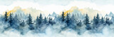Seamless border with hand painted watercolor mountains and pine trees. Seamless pattern with panoramic landscape in blue and yellow colors. For print, graphic design, wallpaper, paper